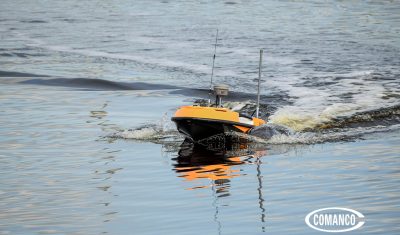 COMANCO autonomous boat performing a hydrographic survey