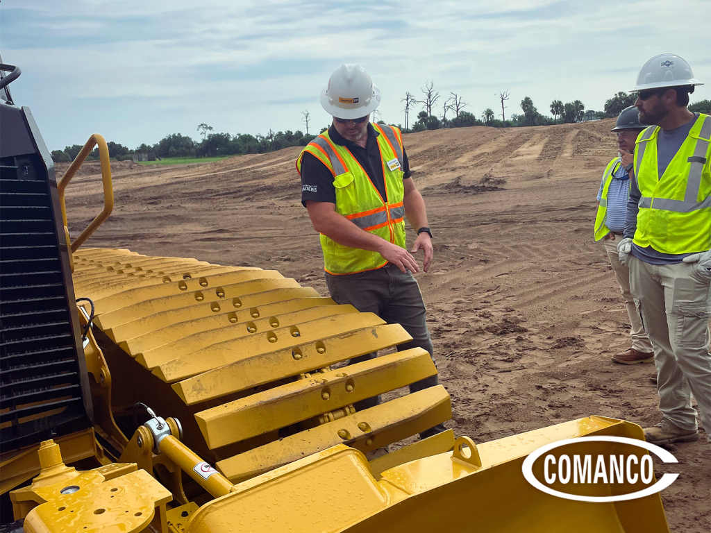 Close view of the 39-inch track shoes on a CAT D1 SSLGP dozer, the undercarriage that produces 2.32 PSI ground pressure